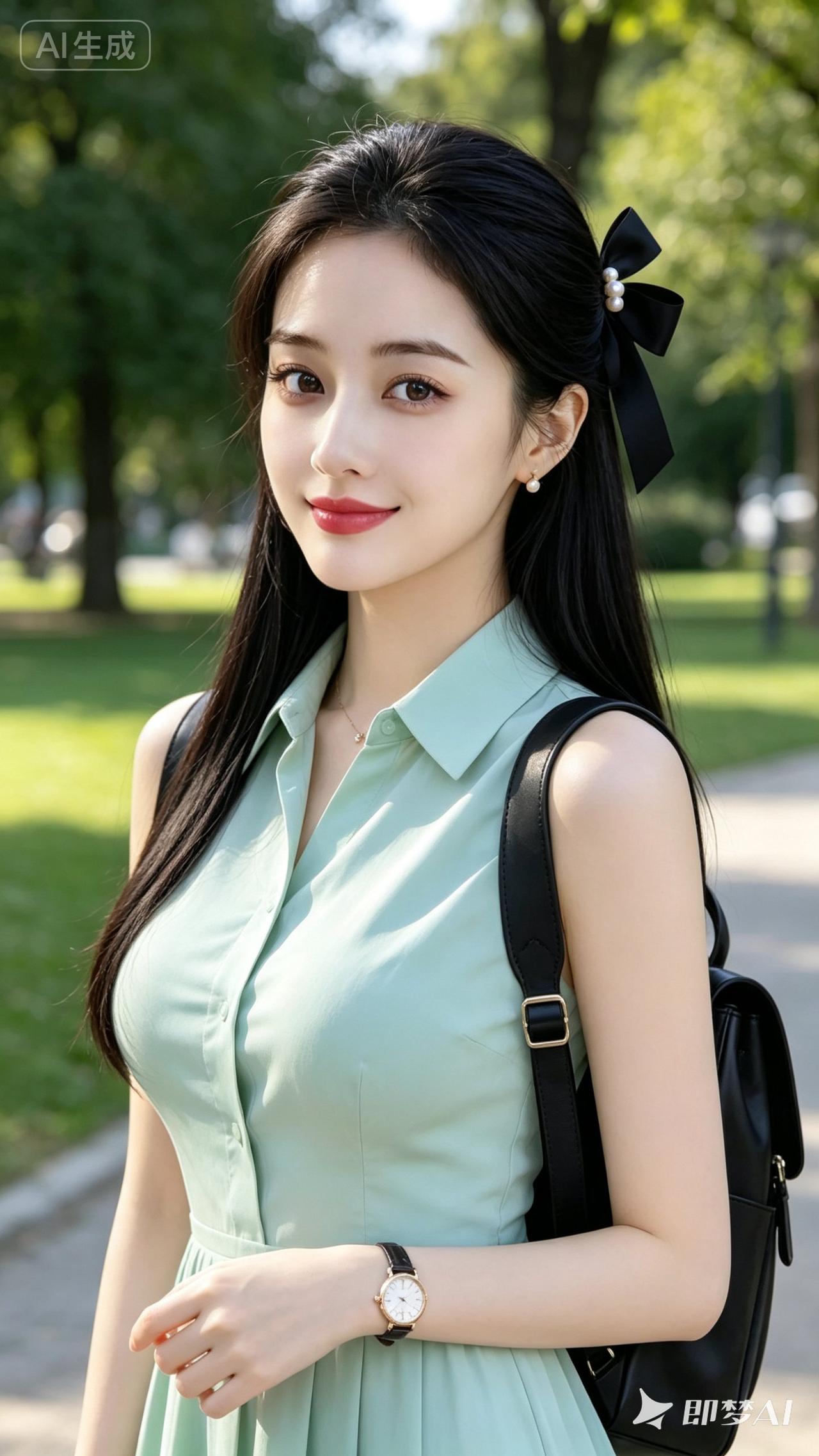 清新夏日穿搭，浅绿色连衣裙搭配黑色蝴蝶结发饰，元气满满！🌞👗💖