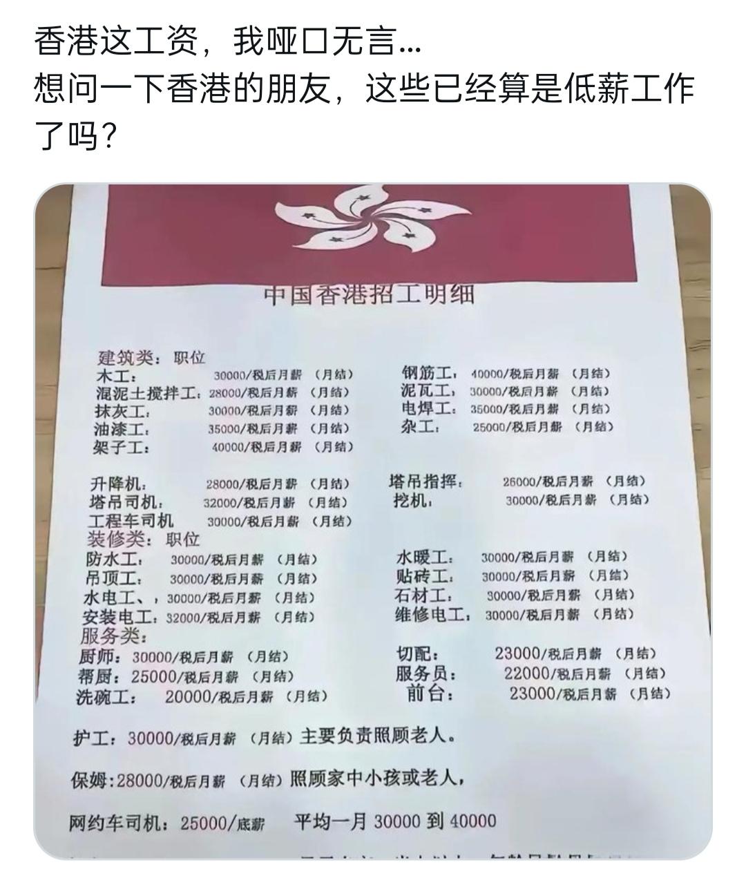 网传香港洗碗工月薪2万、建筑工4万？别被这张招工表骗了。
 
不少人刷到这份薪资