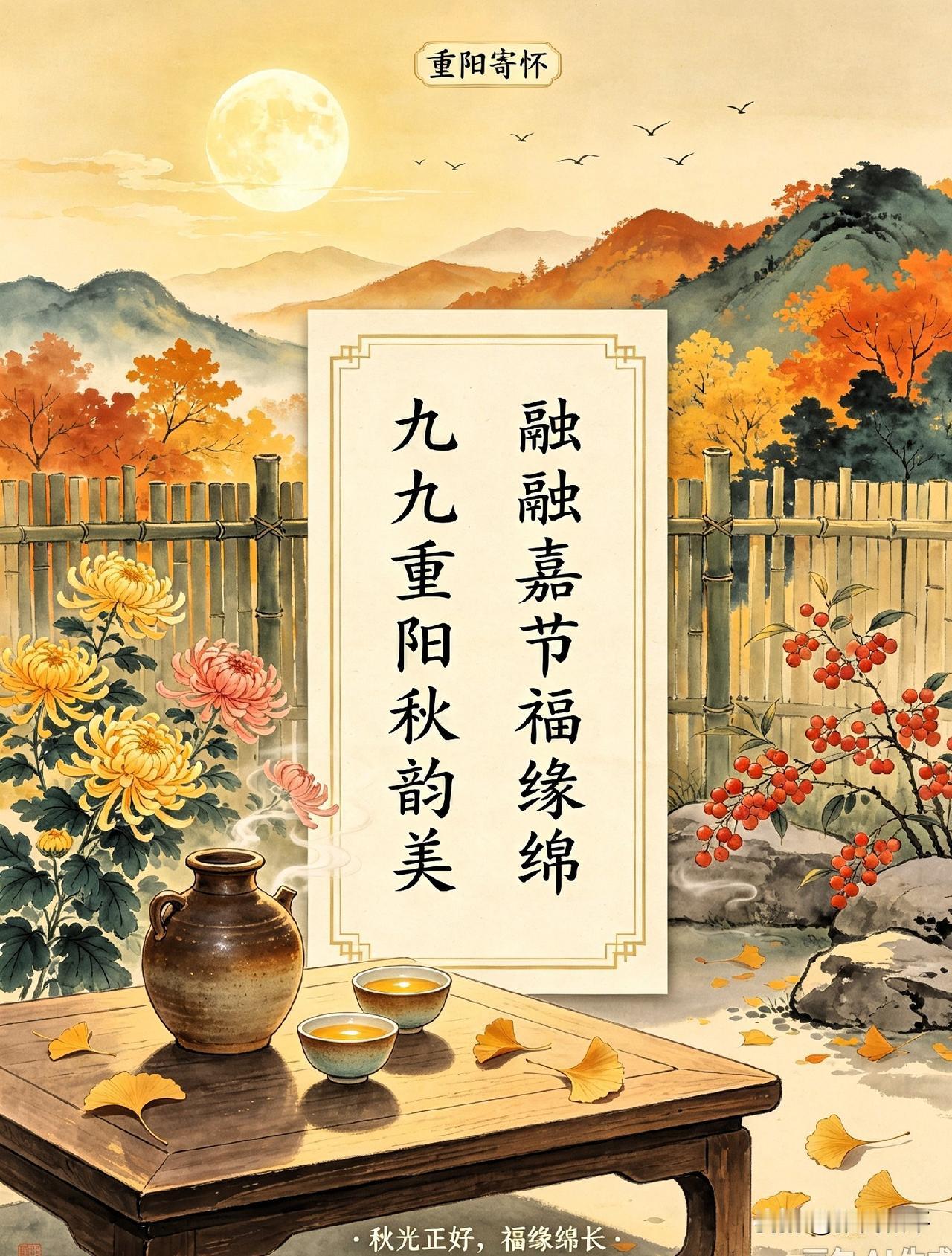 上联：九九重阳秋韵美，
下联：融融嘉节福缘绵。
简析：
“九九”与“融融”，一为