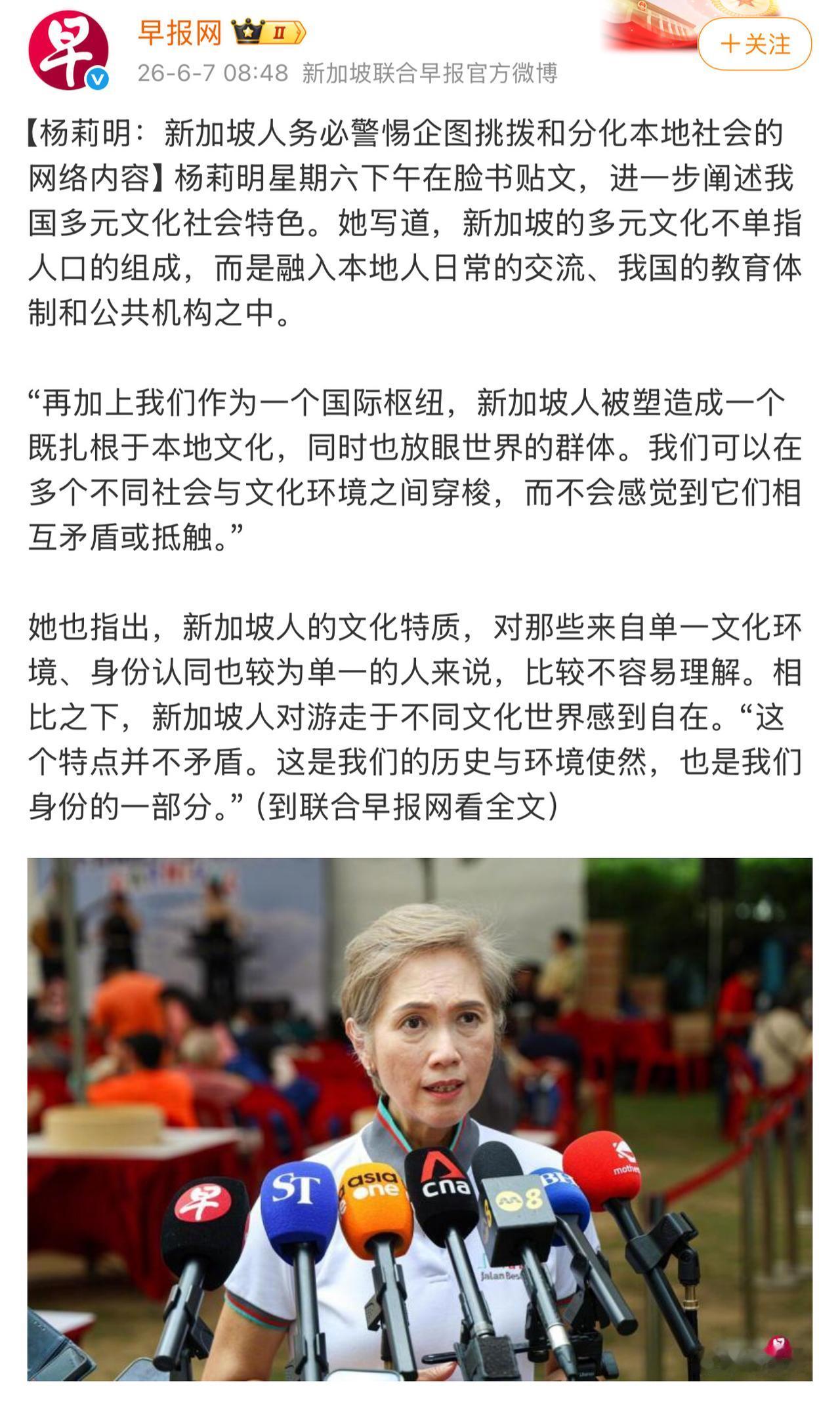 新加坡数码发展及新闻部长杨莉明：新加坡的多元文化不单指人口的组成，而是融入本地人