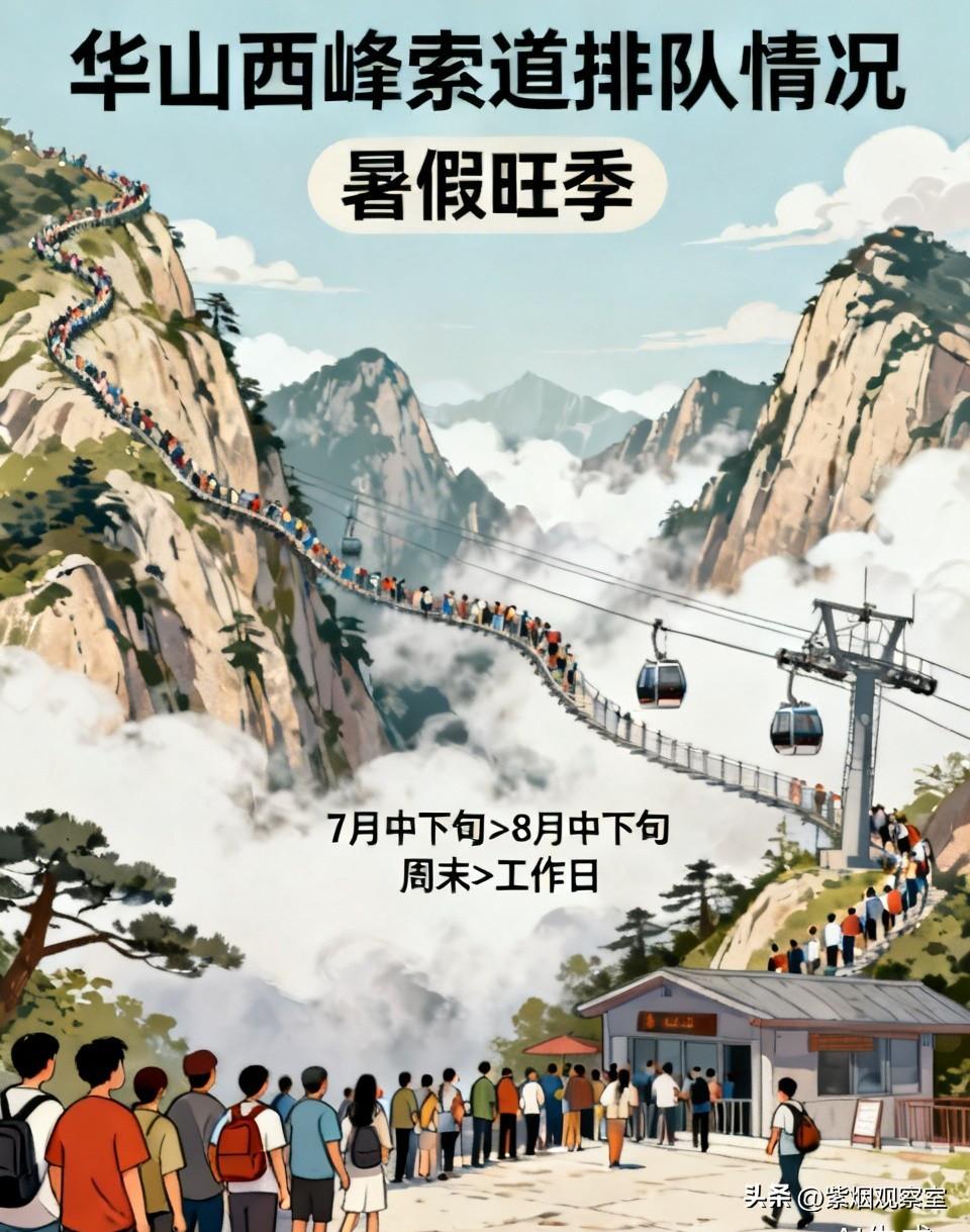 华山西峰索道暑假旺季十分火爆，了解全面排队情况
 
一、整体结论
暑假（7、8月