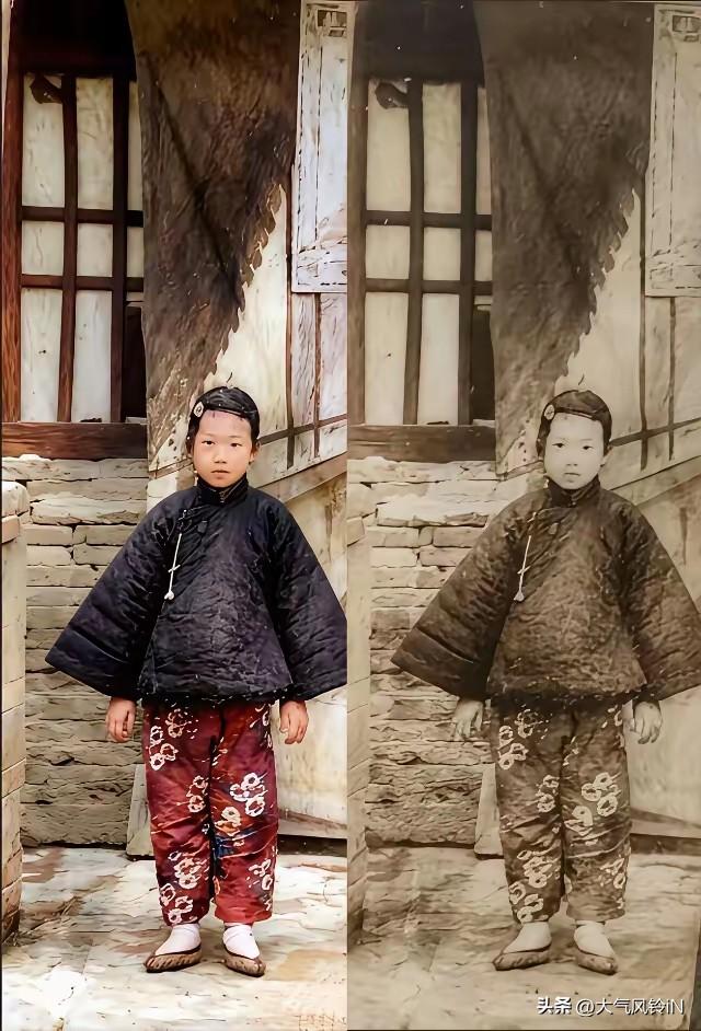 一张很有年代感的旧照，右边是原版老相片，左边是后期上色版本。那时候都是穿着大腰棉