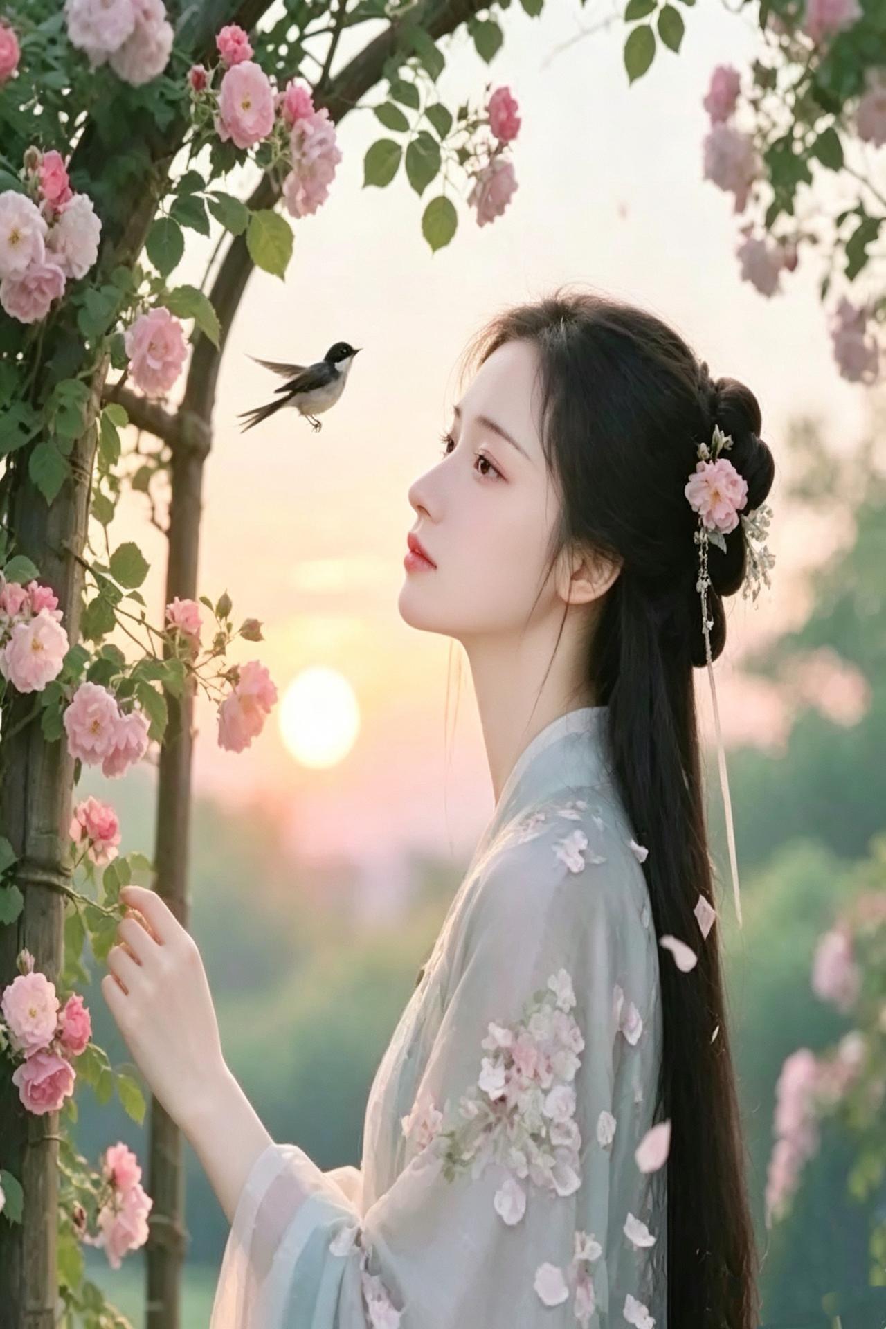 迟暮花架下
晚花垂露惹衣香，
斜日穿林影半长。
素手轻拈枝上艳，
柔眸遥趁雁边光