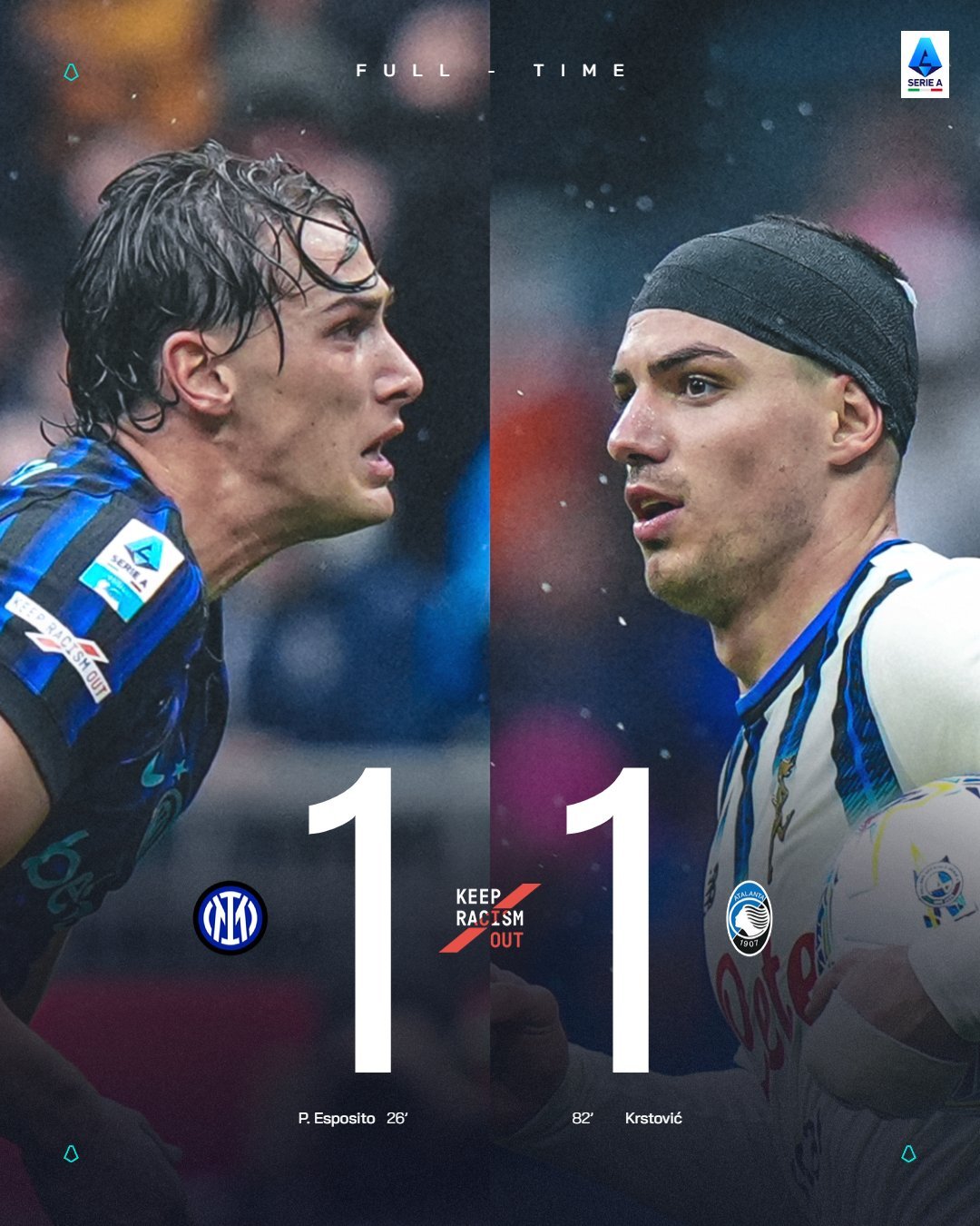 【终于结束九连败❗】 意甲联赛 亚特兰大客场1：1战平国际米兰队。（帕萨利奇🇭