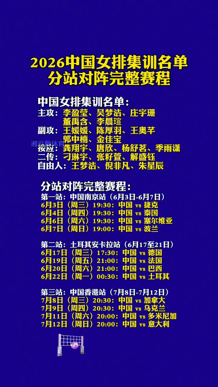 2026中国女排集训名单，分站对阵完整赛程。
中国女排集训名单：主攻：李盈莹、吴