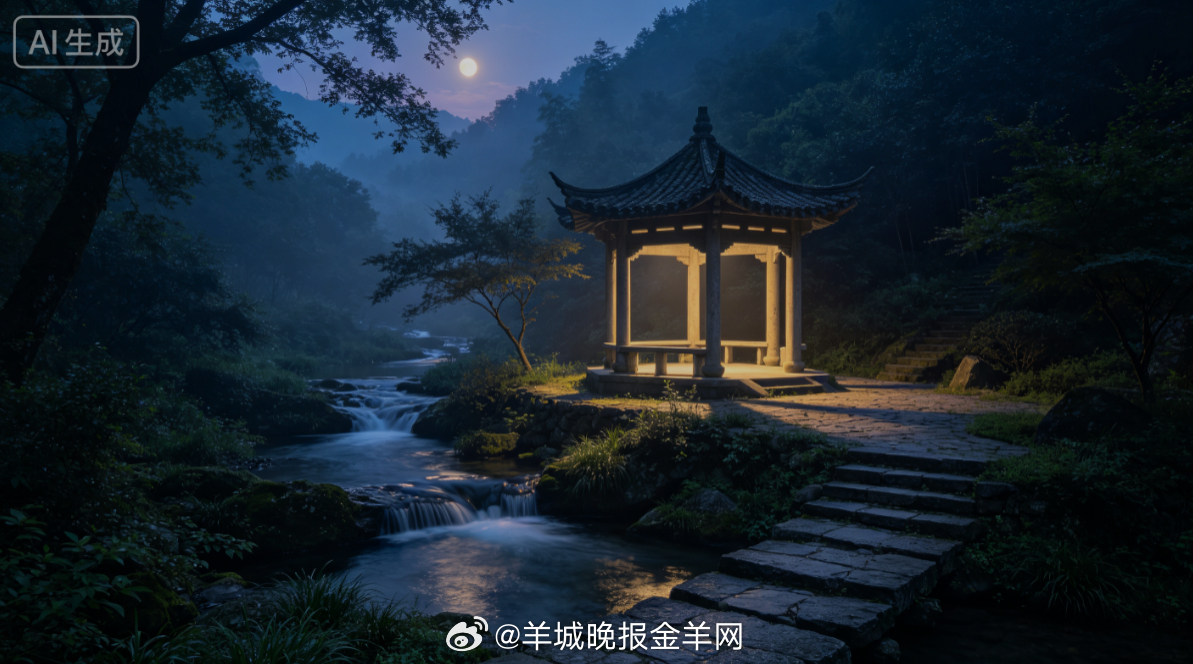 #晚安# 温柔月色铺满溪边小石亭，树影落在潺潺溪流上，晚风携着草木清香缓缓吹来。