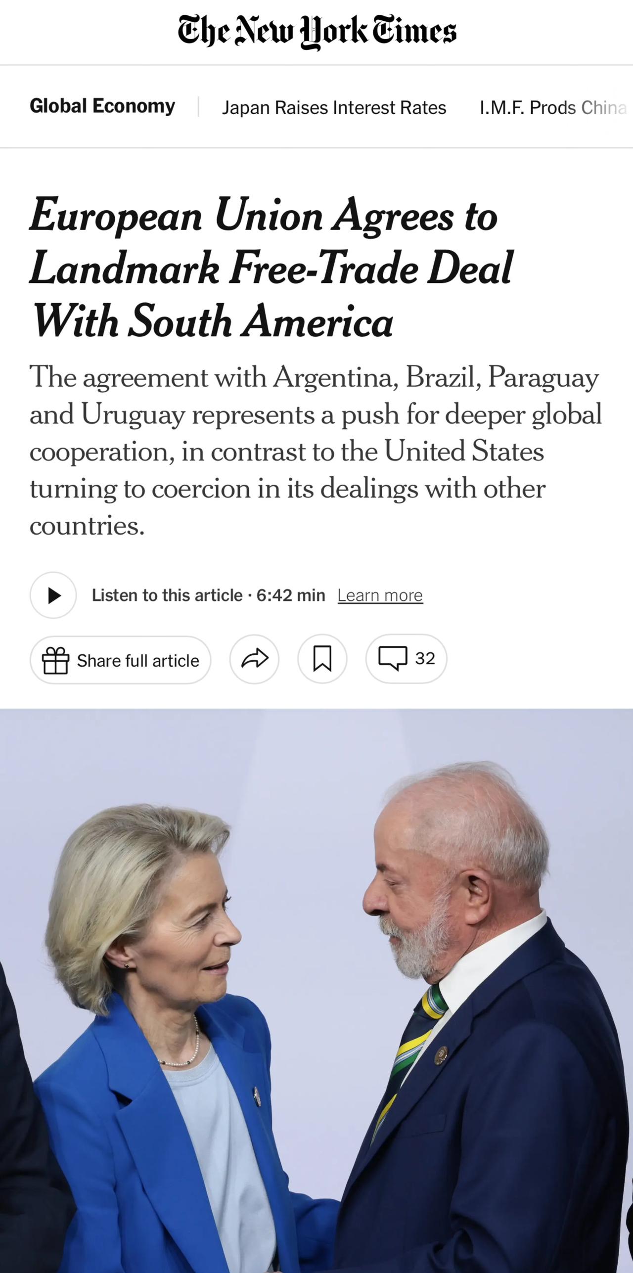 欧盟克服了其成员之间的深刻分歧，周五为与四个南美洲国家的全面贸易协定开了绿灯，该