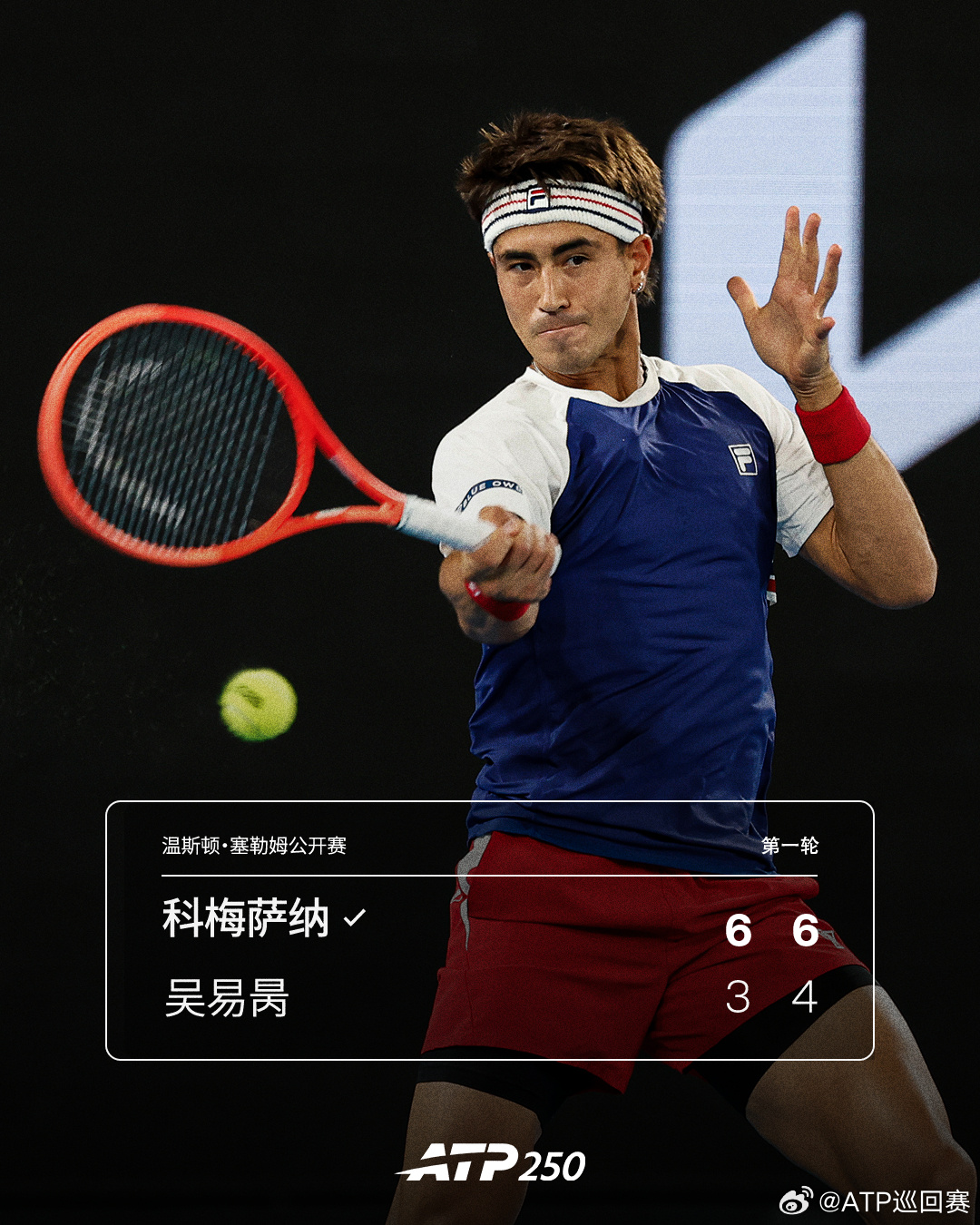 #吴易昺0比2科梅萨纳# ATP250温斯顿·塞勒姆公开赛男单首轮，中国选手吴易