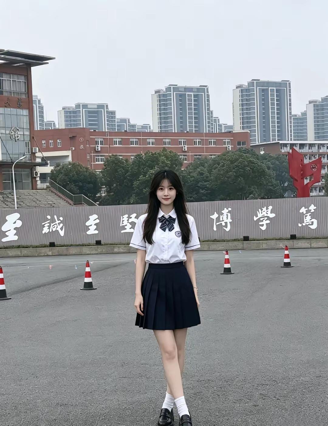 学校门口，穿校服的妹子站得真好看。