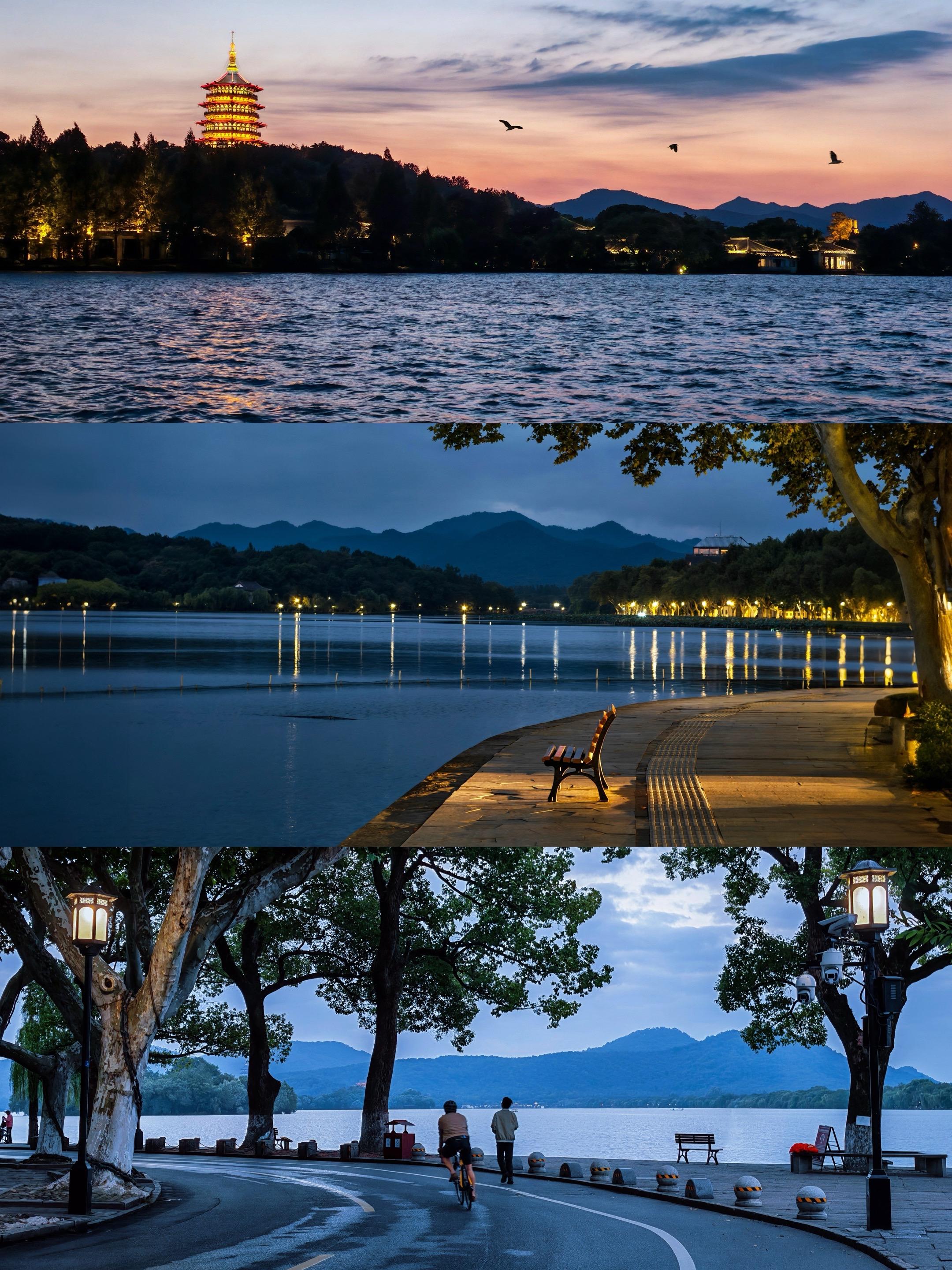 总是会反复爱上西湖的蓝调时刻💙。逛过西湖无数回 比起众人追捧的落日熔...