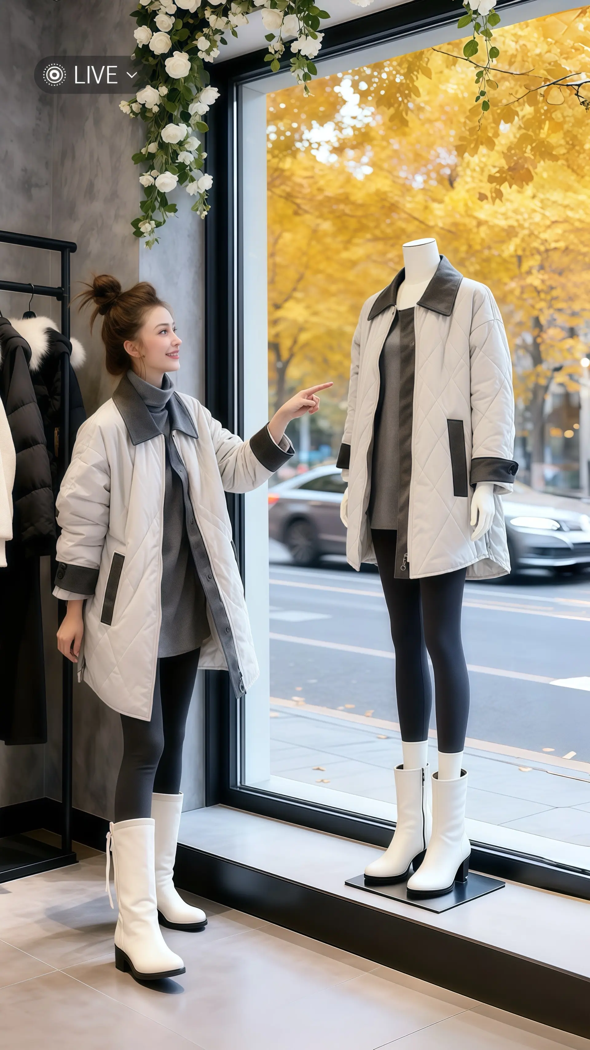 她穿着时尚显瘦棉服，是秋冬新款的大码设计，在高级感女装店的轻奢氛围里...