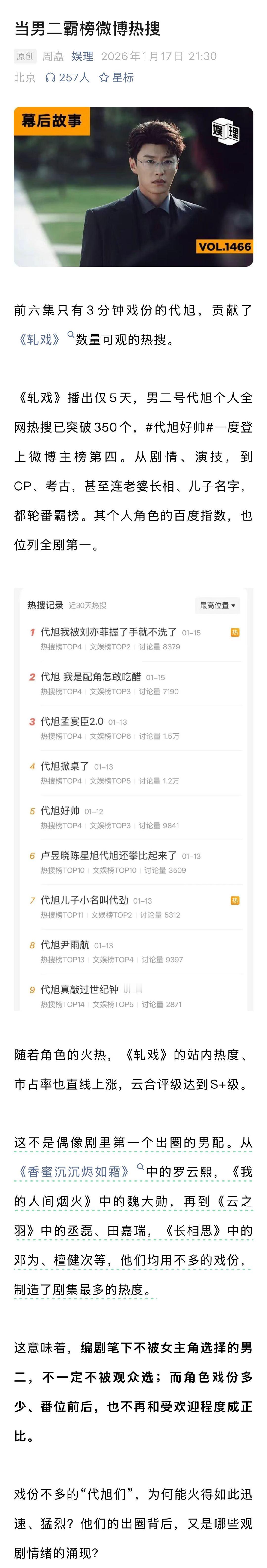 业内谈代旭走红上桌 编剧称很多男配人设比男主讨喜 某剧宣透露，一旦配角火了，就会