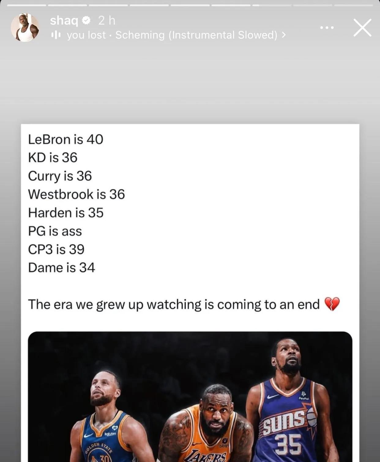 沙奎尔·奥尼尔在他的Instagram上：“勒布朗40岁了杜兰特是36库里36岁