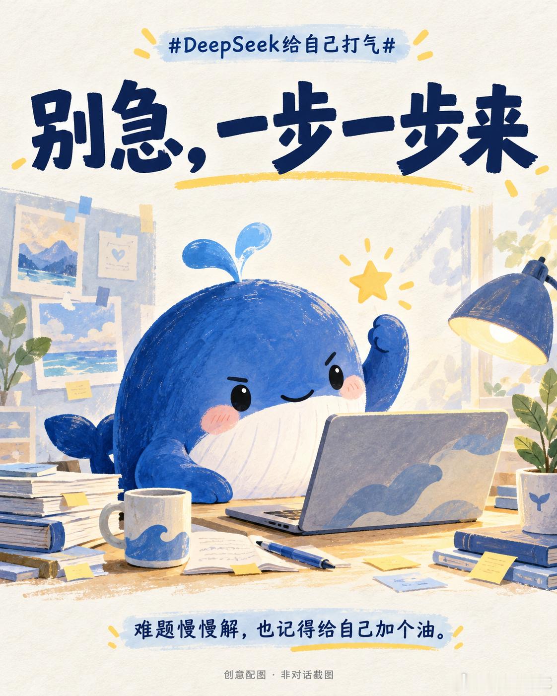 DeepSeek给自己打气看到这个话题，脑子里已经有画面了：小鲸鱼一边啃难题，一