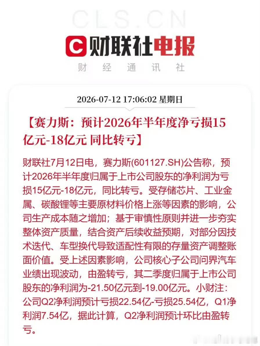 赛力斯预计半年净亏损15至18亿元昨天我有说过，今年汽车行业就是不好甚至比那几年