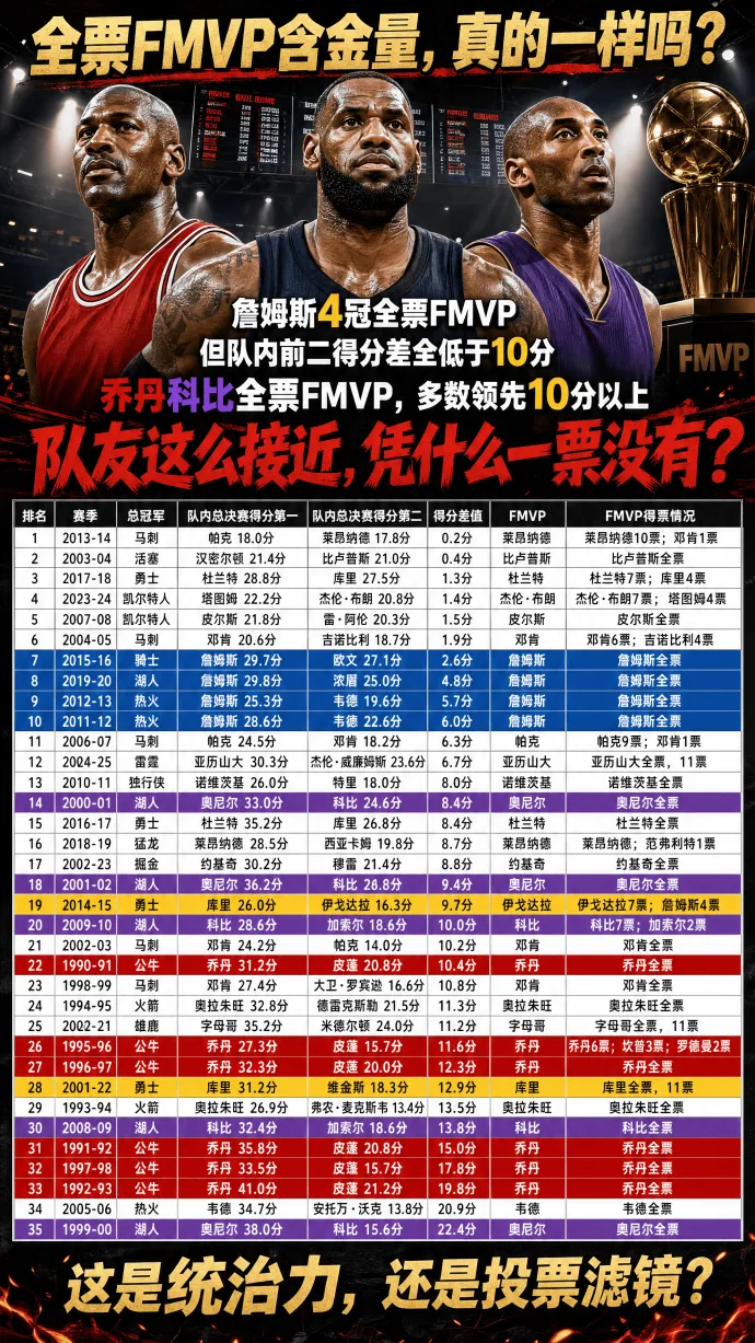 ➡统治不了比赛，统治不了队友，那就统治媒体nba近35年总冠军及队内第一第二得分