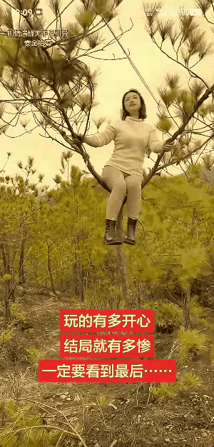 这个画面用一个字概括就叫——《作》。
女子在小树杈上开心的摇来晃去，不顾小树的死
