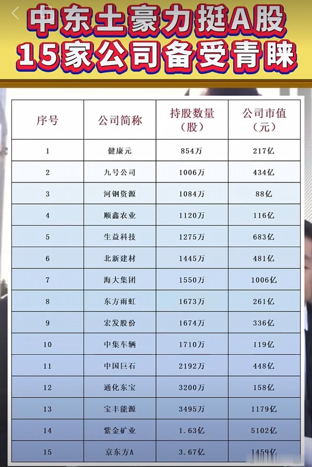 中东土豪青睐的公司名单A股 ​​​