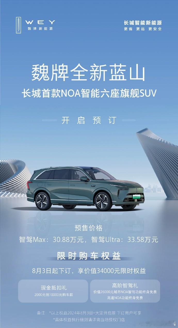 长城首款高阶智驾六座旗舰SUV全新魏牌蓝山预售新车共推出两款车型，售价30.88