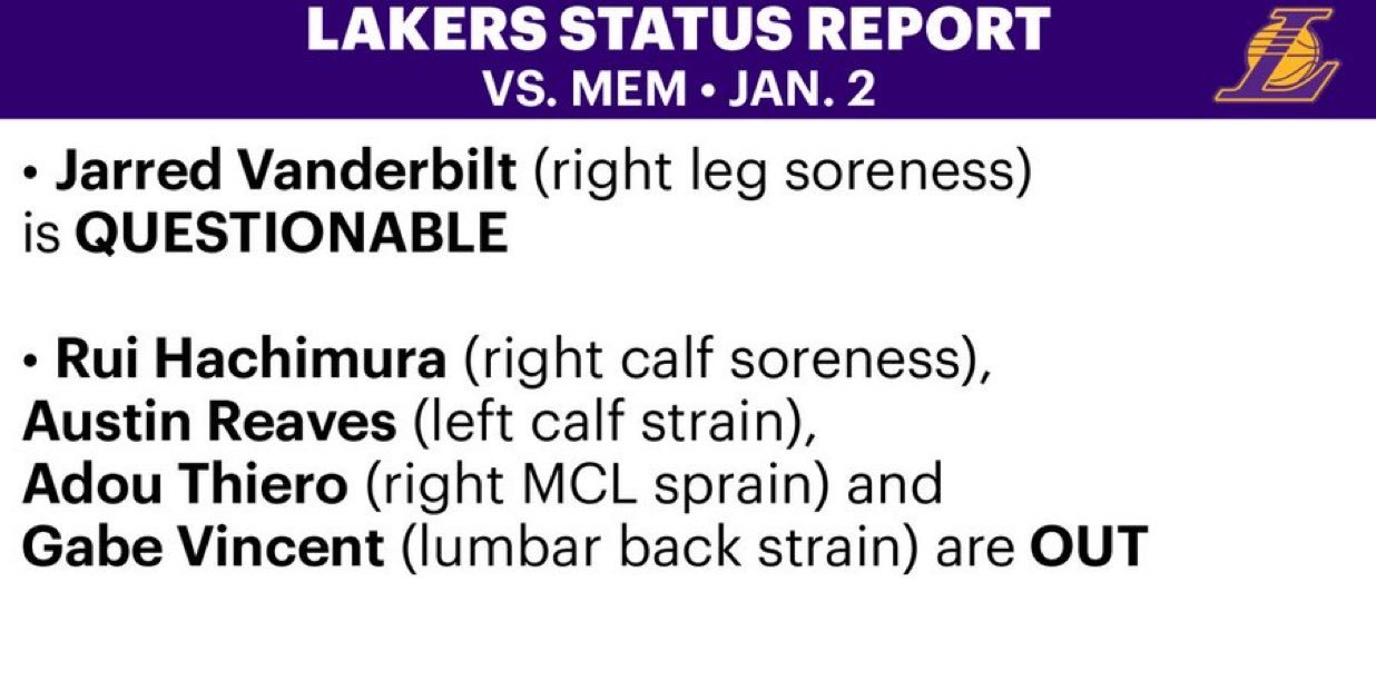 范德彪右腿酸痛，出战成疑。八村塁（右小腿酸痛）、里夫斯（左小腿拉伤）、蒂耶罗（右