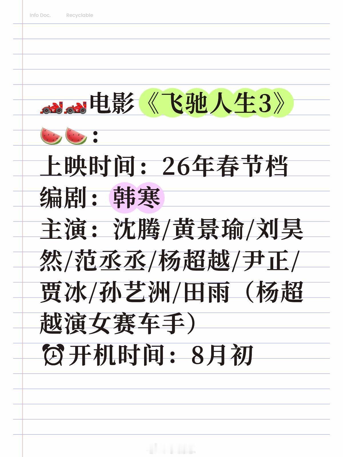 🏎️🏎️电影《飞驰人生3》🍉🍉：上映时间：26年春节档编剧：韩寒主演：沈