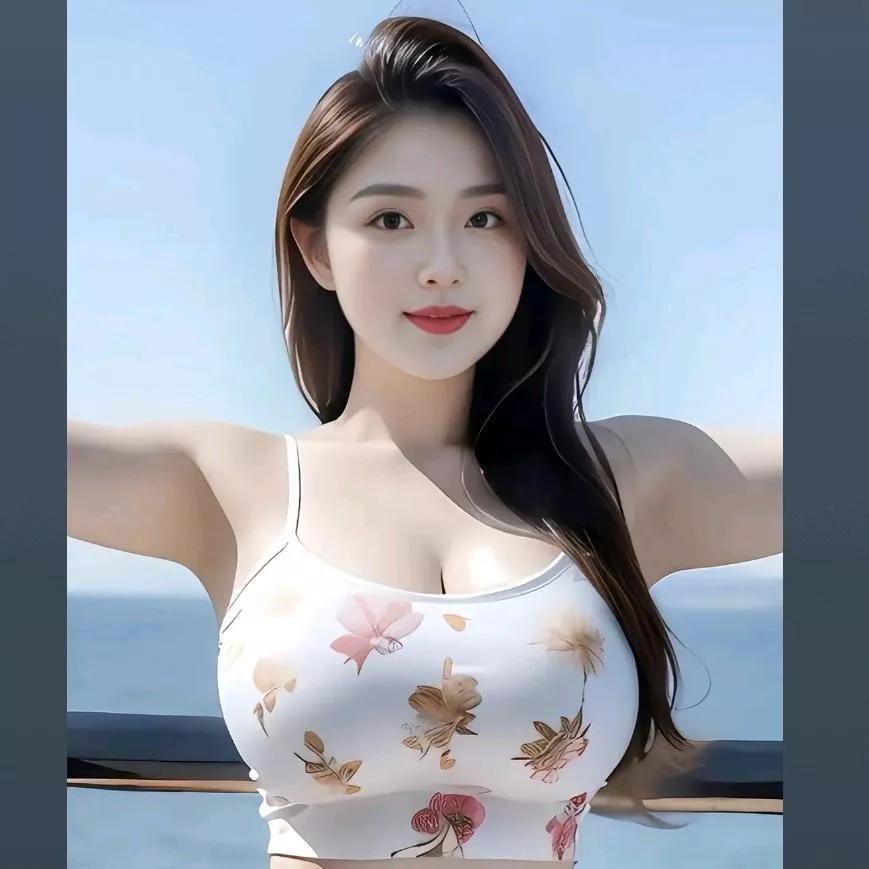 阳光沙滩上的美丽女孩，穿着可爱花边背心，享受夏日时光。海边活力少女 海边度假女孩