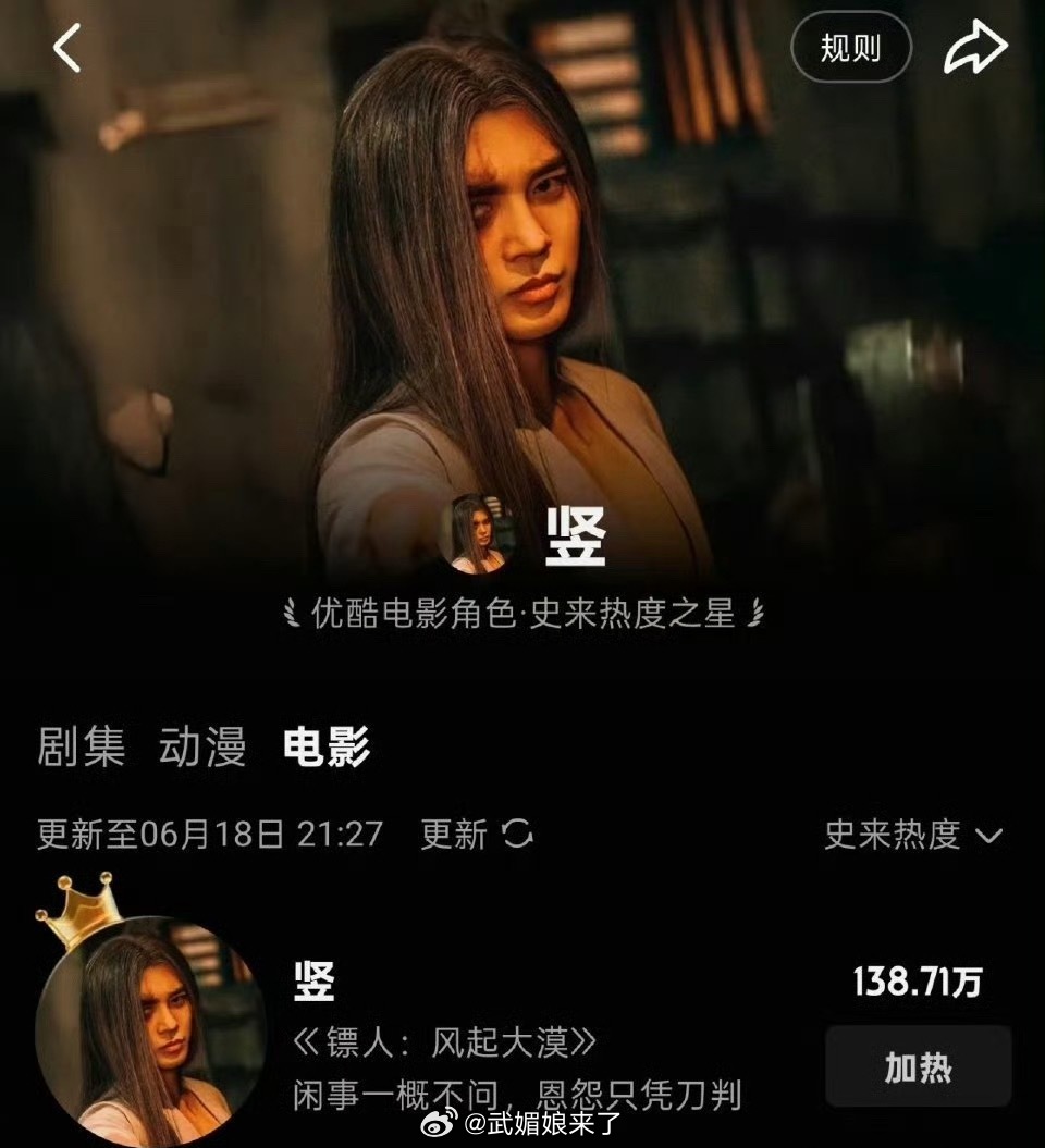 于适《镖人》角色竖登顶优酷站内历史热度最高的电影角色，且是第一个破百万热度的角色