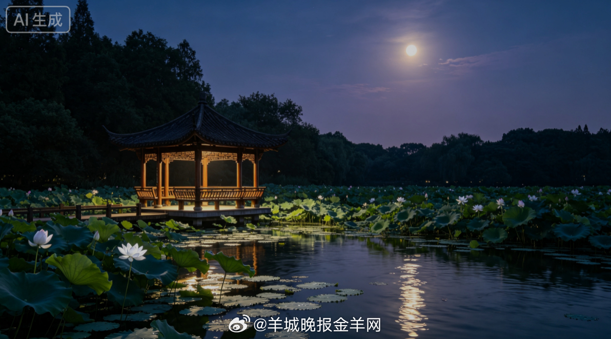 #晚安# 溶溶月光倾落在临水木榭，满塘荷叶浮着银白清辉，晚风携荷香缓缓漫来，驱散