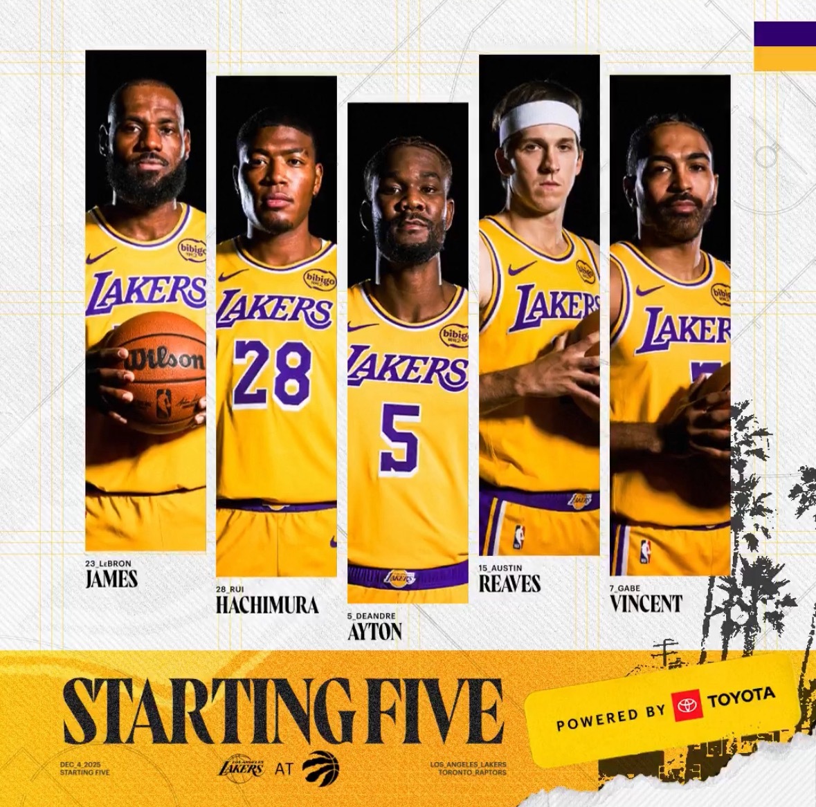 湖人首发：文森特、里夫斯、詹姆斯、八村塁、艾顿 猛龙首发：奎克利、沃尔特、英格拉