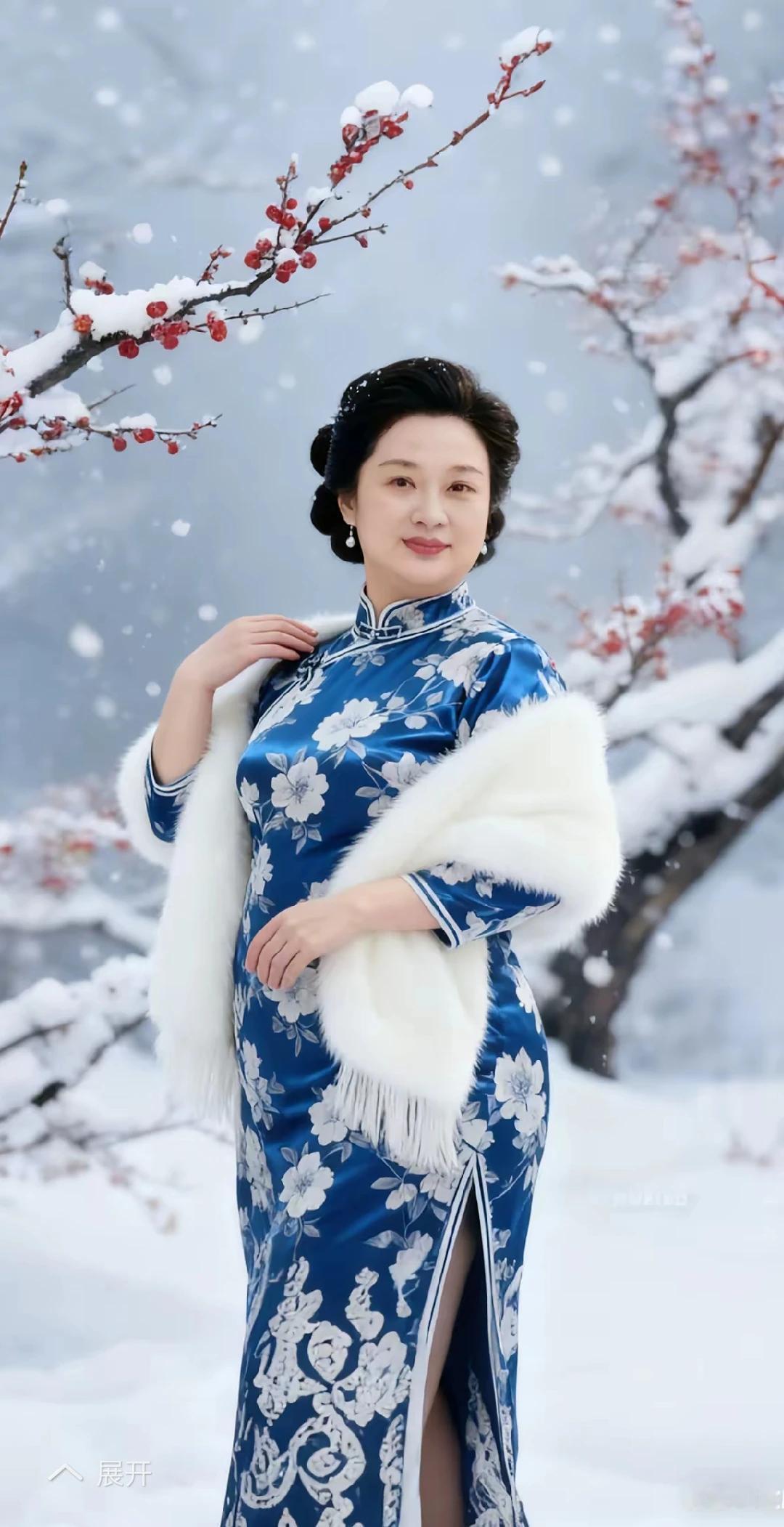 梅花欢喜漫天雪，
沐浴琼花心里美。
雪中蓝衣美人，
古典现代融合。
