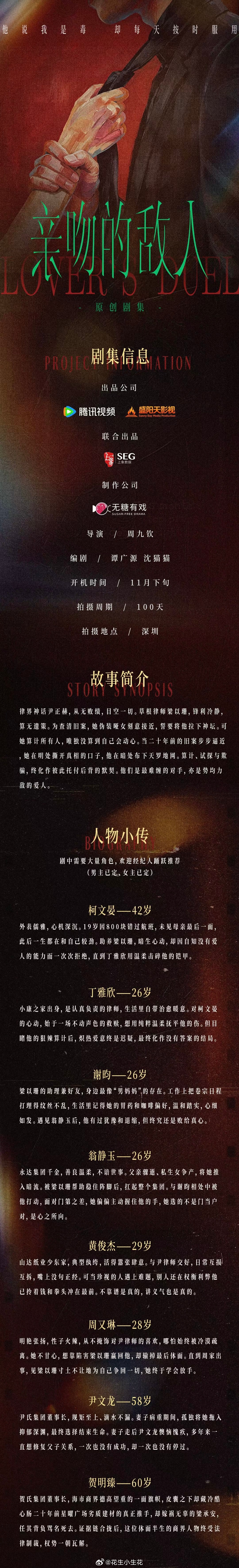 电视剧《亲吻的敌人》组讯主演：敖瑞鹏、王玉雯出品：腾讯视频、盛阳天影视制作：无糖