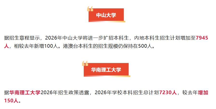 2026年广东高校扩招盘点：中山大学、华南理工大学

2026年中山大学内地本科