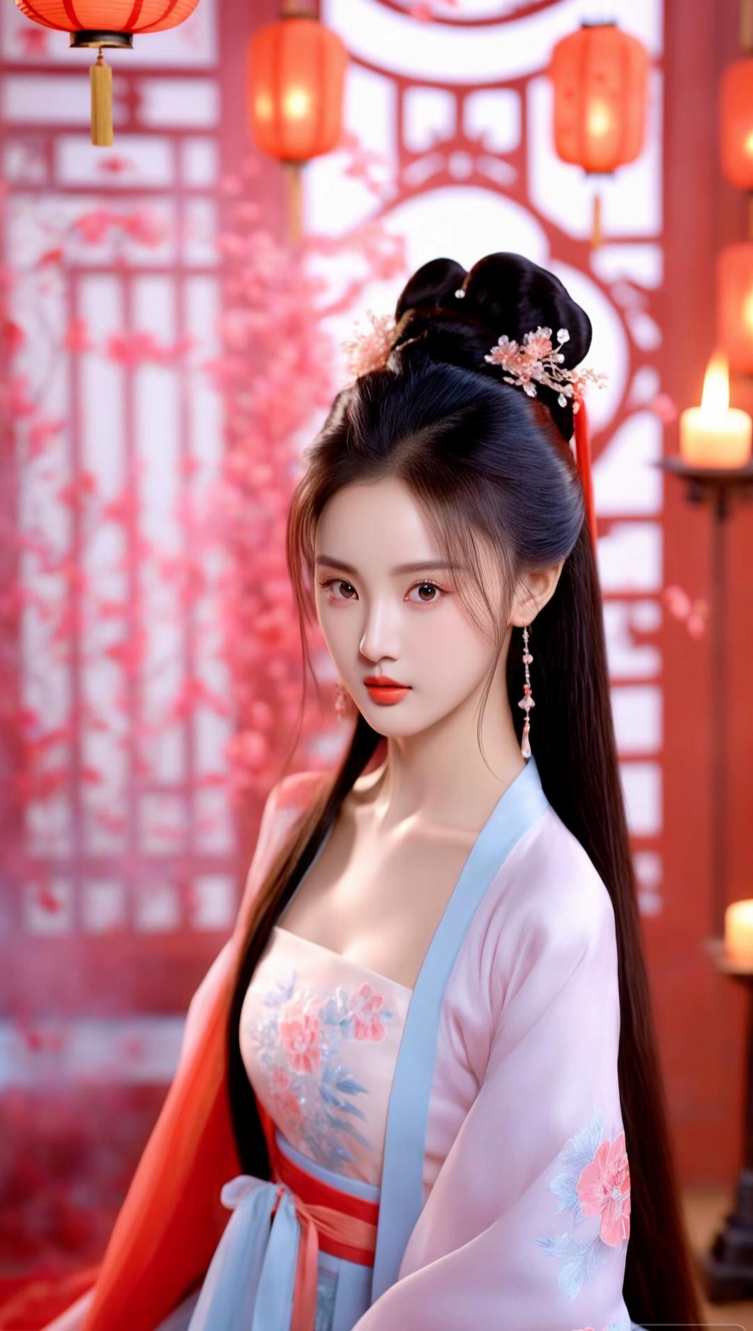 🏮 古风写真整体描述
画面以中式古典红调为核心，红灯笼、雕花窗棂、红纱幔帐与暖