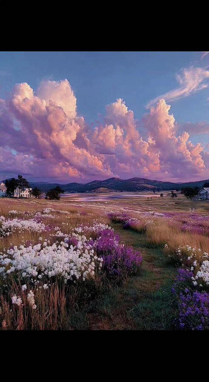 🌅云霞醉成胭脂河，野花铺就彩虹路✨。风过时，连呼吸都带着糖味🍬。人间值得，不