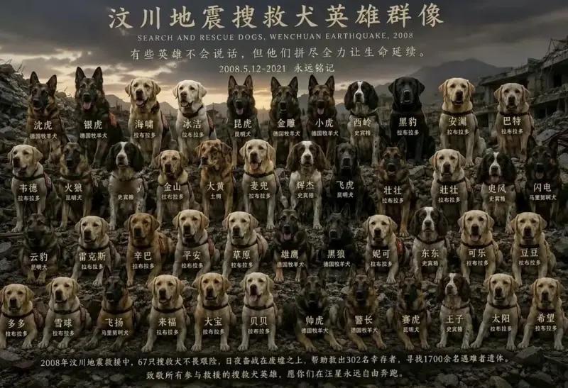 这张《汶川地震搜救犬英雄群像》海报，定格了 2008 年汶川地震中参与救援的部分