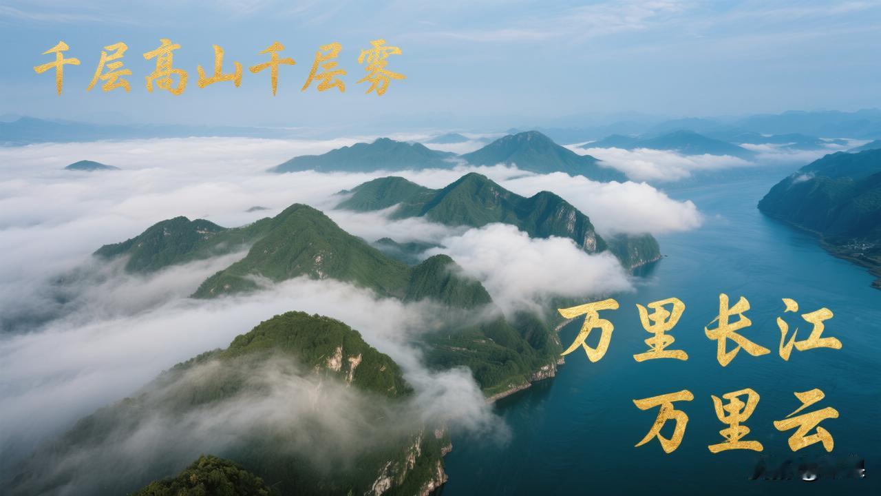 赏析：这幅下联“万里长江万里云”与上联“千层高山千层雾”相得益彰。上联以“千层”