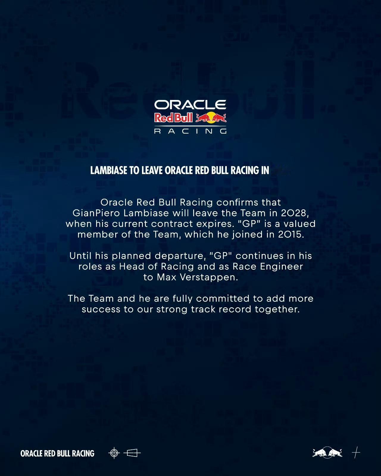 围场无谣言～ 红牛车队大新闻，维斯塔潘比赛工程师GP（詹皮耶罗·兰比亚斯）将在2