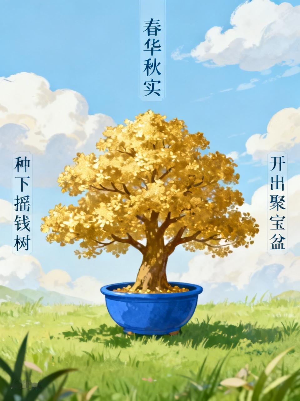上联：种下摇钱树，
下联：开出聚宝盆。
横批：春华秋实