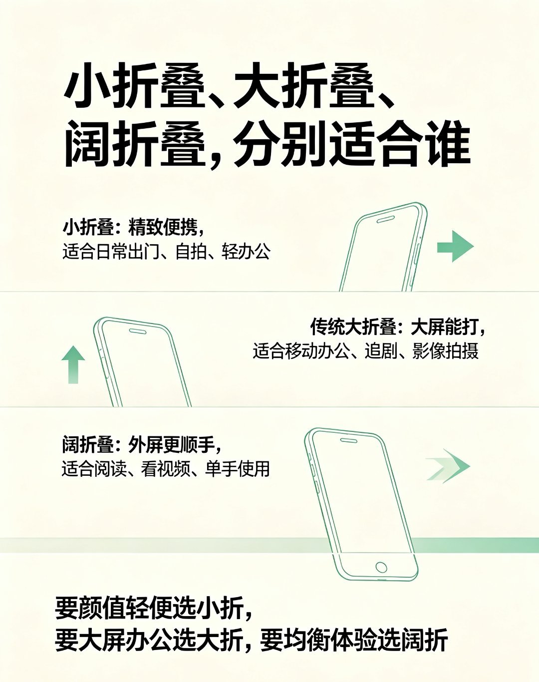 折叠手机现在真不是只看“折痕”了，先分清小折叠、大折叠、阔折叠再下手。小折叠主打
