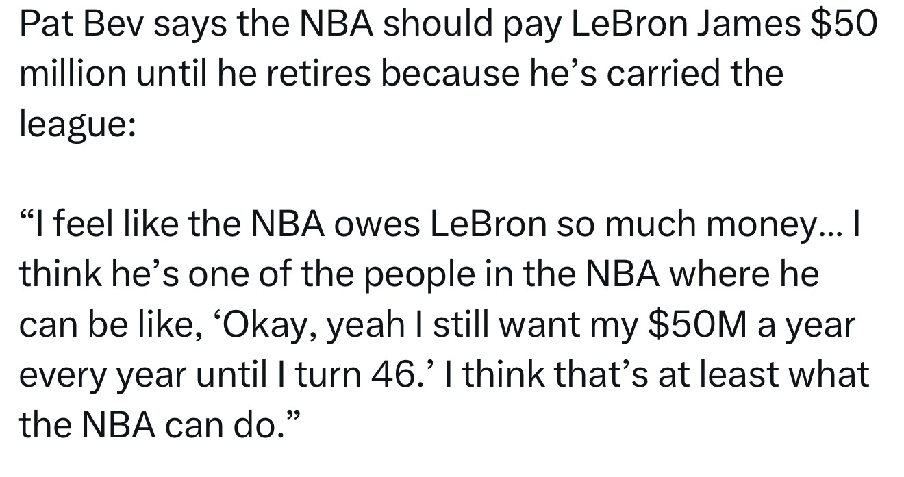 贝弗利称NBA应该支付詹姆斯5000万美金直到他退役，因为他扛着联盟前进：“我觉