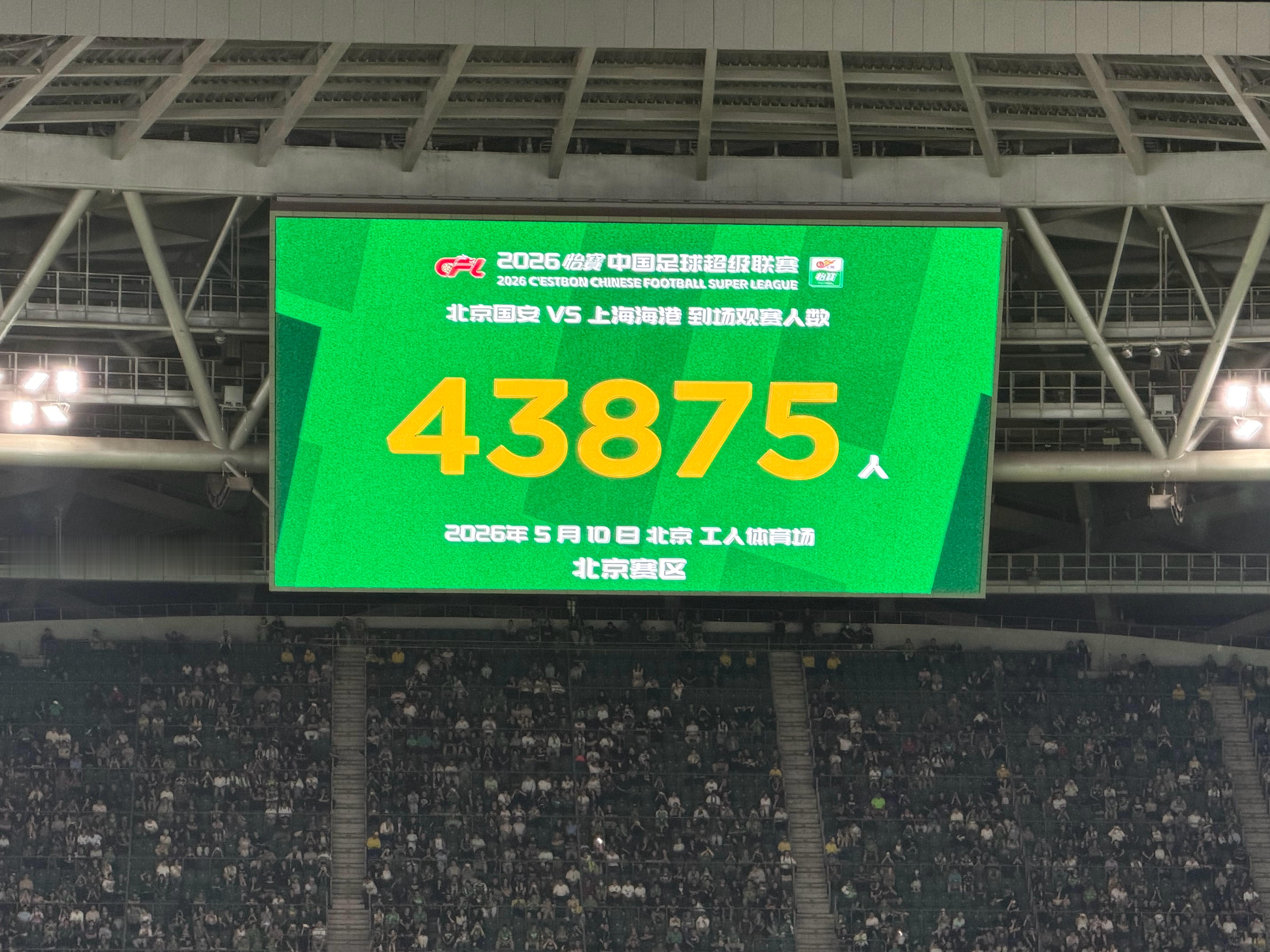 北京国安vs上海海港 到场球迷人数：43875人！ 