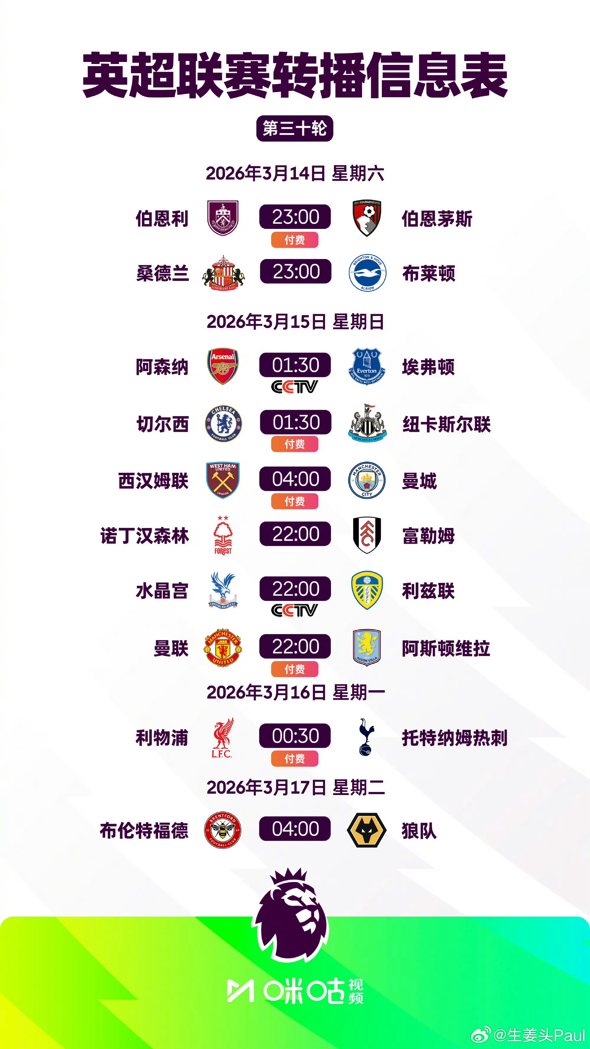 2025/26赛季英超第30轮转播信息焦点战，15日22点，曼联vs维拉 16日