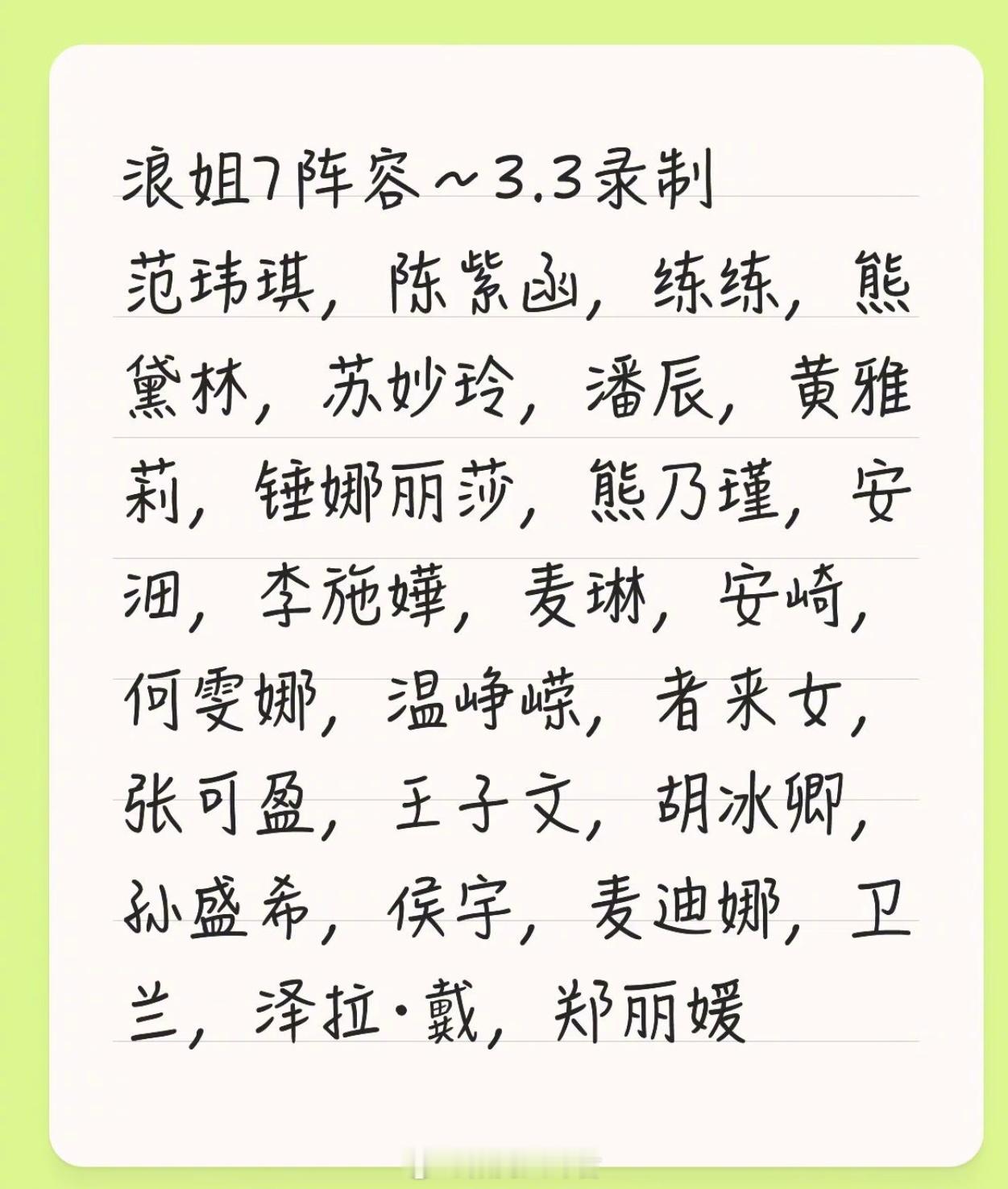 浪姐7最终名单曝光！3月3录制范玮琪领衔….还有熊黛林、王子文等 