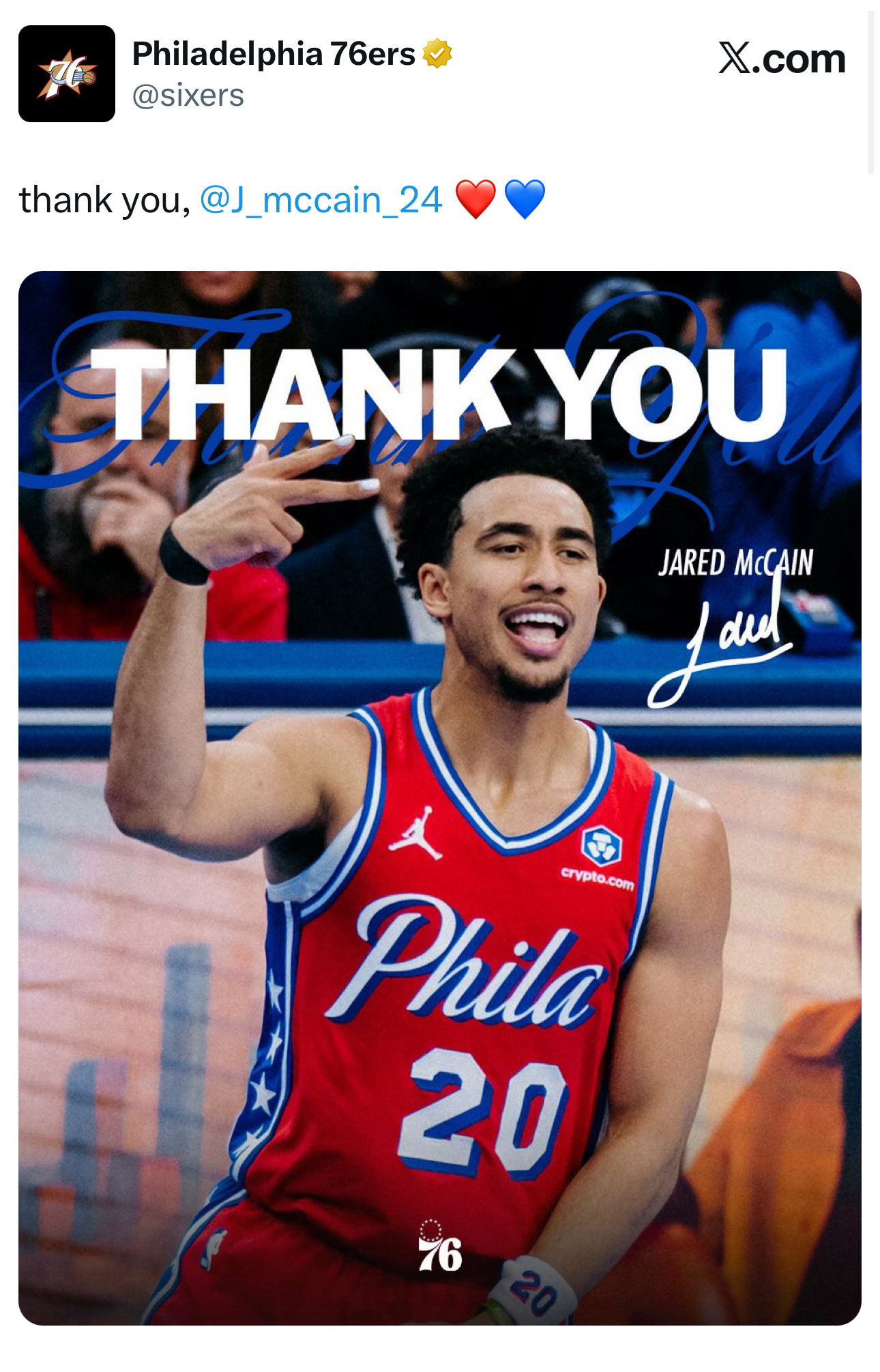 交易离队！费城76人队官方发布图文致谢贾里德·麦凯恩“感谢你，贾里德·麦凯恩！❤