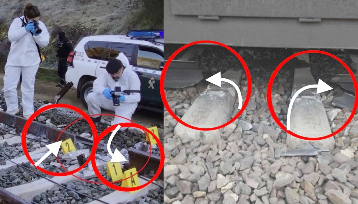 蓄意破坏似曾相识：（左图）工程师正在检查导致昨晚西班牙高速列车脱轨的轨道断裂处，