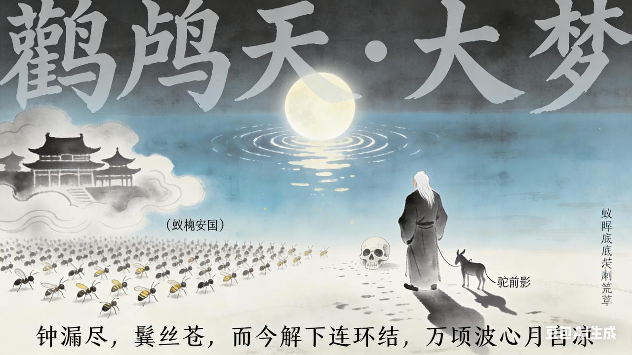 鹧鸪天·大梦
蚁阵蜂衙日日忙，槐安国里称侯王。 贪他半世驴前影，误却三生觉后霜。