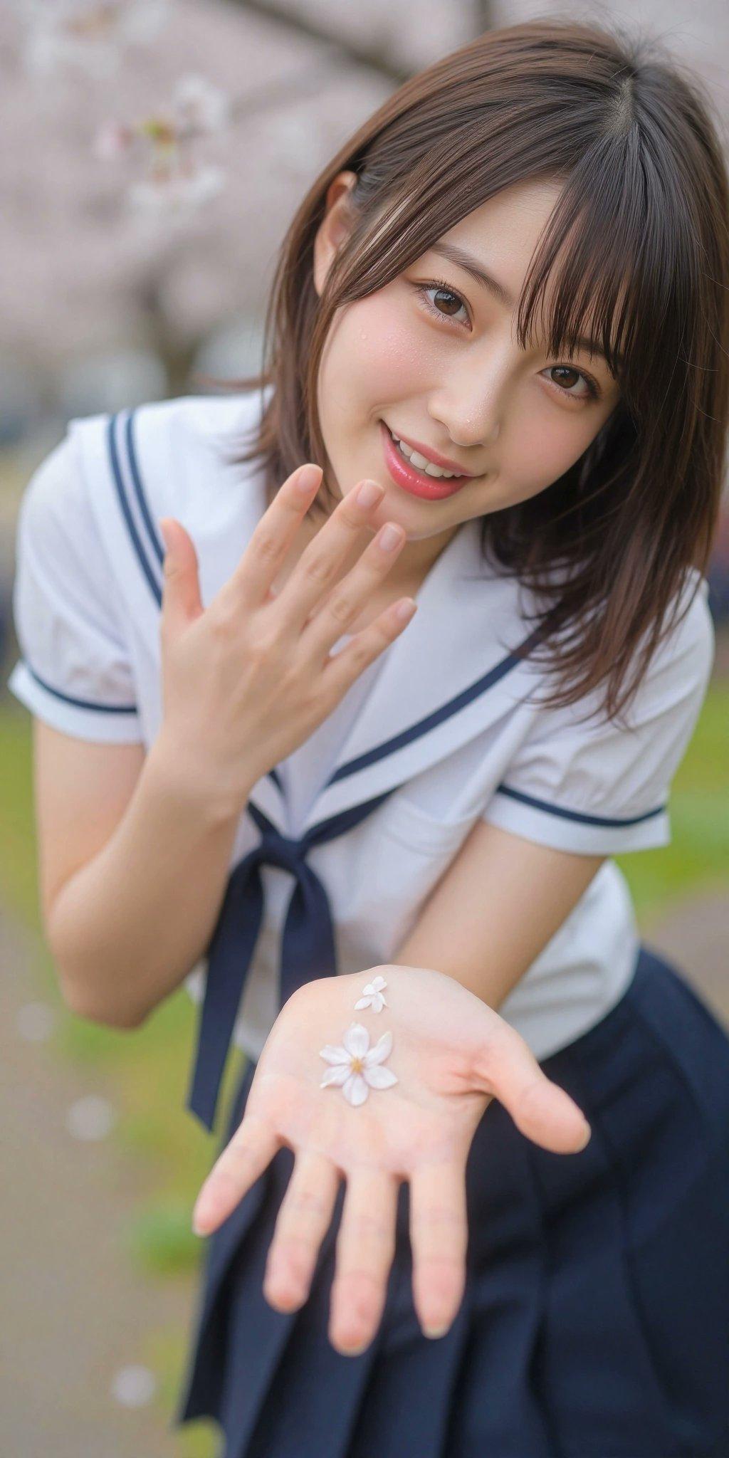 樱花季少女，微笑着捧起花瓣，春日气息扑面而来。