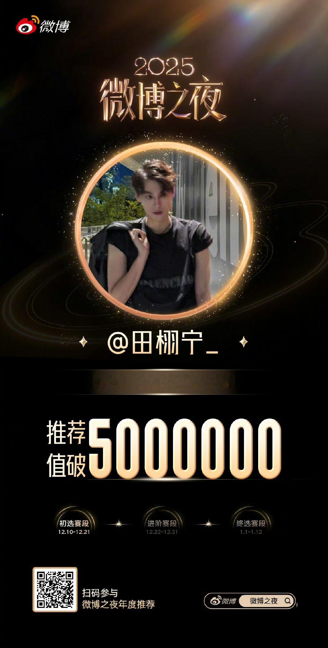 田栩宁星光人物初选赛推荐值破500万恭喜在微博年度星光人物 初选段评选中，推荐值