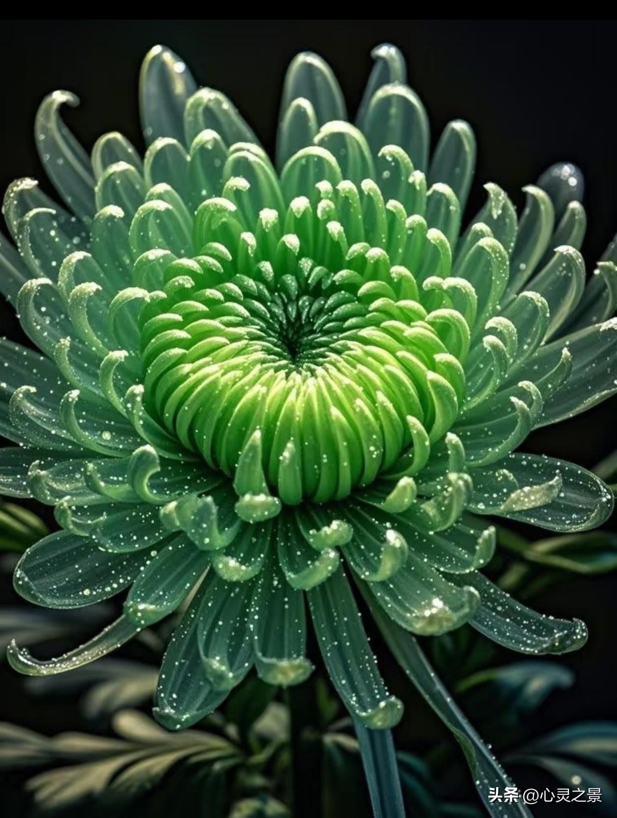 清透绿菊层层卷曲，细密花瓣裹满晶莹水珠，自带沉静治愈的生命力。它不追逐春日繁花的