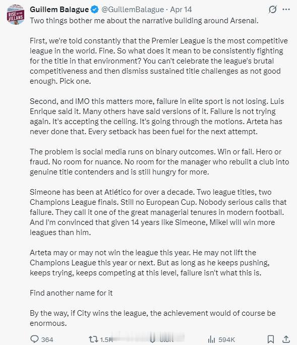 知名记者巴拉格更新社媒动态，谈到了阿森纳的情况，他表示既然英超是竞争最激烈的联赛